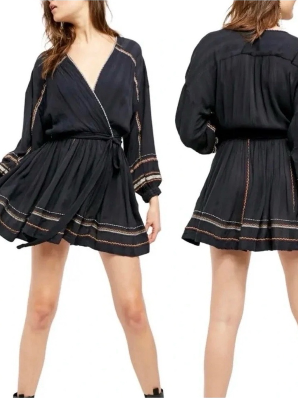 Free People Delilah Embroidered Wrap Mini Dress Navy Size S